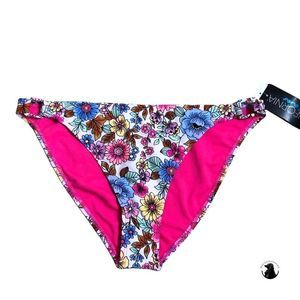 California Waves Multicolor Floral Mid Rise Pull On Bikini Bottoms Sz Large NWT